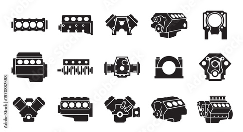 PrintCar Engine Parts and Internal Combustion Motor Icons Set - Black Vector Silhouettes