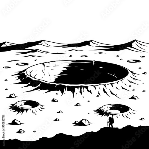 Astronaut exploring a vast lunar crater field.