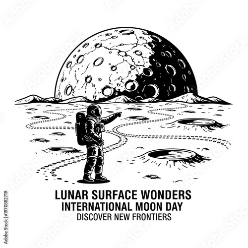 Astronaut exploring lunar surface with craters and moon in background.