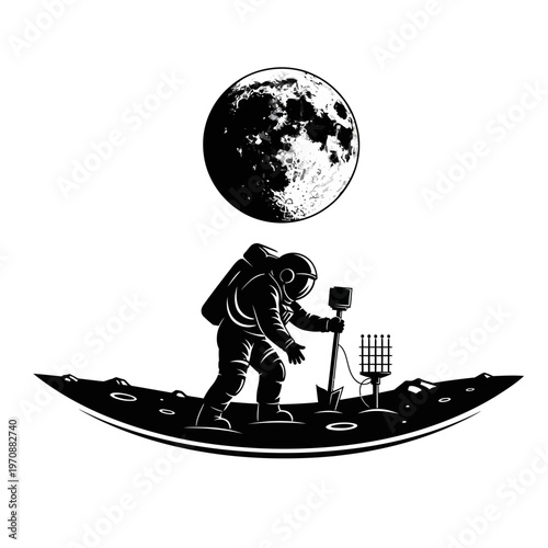 Astronaut exploring lunar surface with scientific equipment.