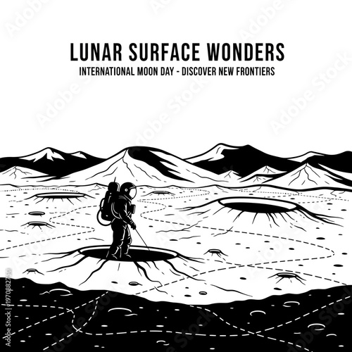 Astronaut exploring lunar surface with craters and mountains.