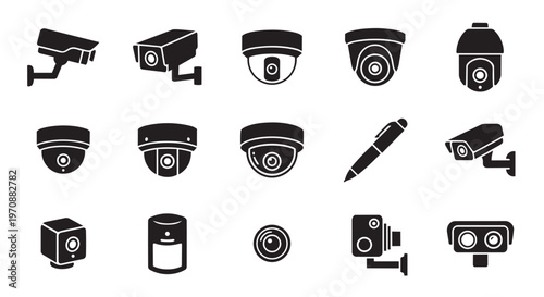 PrintCCTV Camera and Security Surveillance System Icons Set - Black Vector Silhouettes