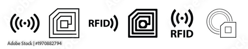 Set of black glyph icons representing barcode scanning, RFID technology, warehouse inventory management, and logistics. RFID radio frequency identification technology symbol with signal waves,  vector