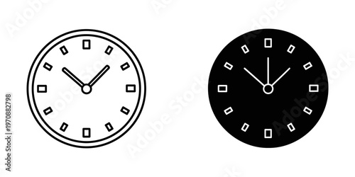 Clean and modern pair of analog clock faces in minimalist flat design style. Ideal for timekeeping, business, education, and design projects requiring scalable vector graphics.