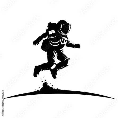 Astronaut in Space Suit Jumping on Lunar Surface.