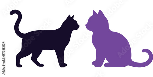 Minimalist cat silhouettes vector set, two feline pet animal shapes, black and purple domestic cat icons for pet care branding and design projects