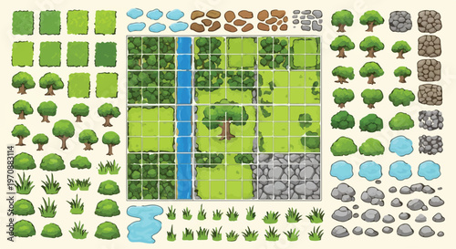 Isometric game map tileset with green forest trees and river, cartoon landscape construction kit for level design, nature environment assets for mobile gaming vector isolated PNG with