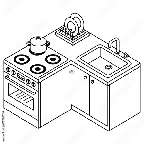 Isometric Kitchen Counter Interior Furniture Vector Illustration, Line Art Set of Stove Oven Sink and Dish Rack, Modern Minimalist Kitchenette Sketch, Black and White Home Decor Outline Drawing