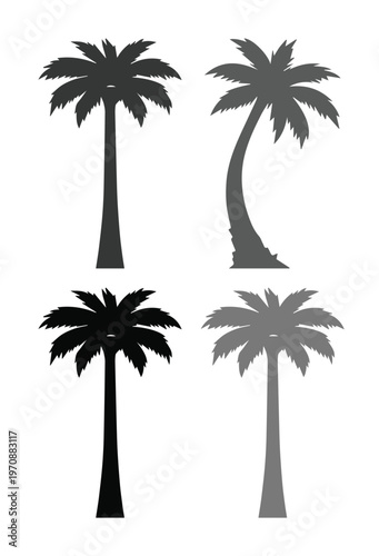 Konstfotografi Tropical palm tree silhouettes, a set of four distinct black and gray vector palm tree icons, ideal for summer, vacation, and travel designs, graphic resources for beach and island themes