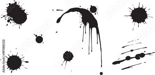 Black ink splatters splashes grunge textured abstract messy spray paint drops isolated on transparent background vector.