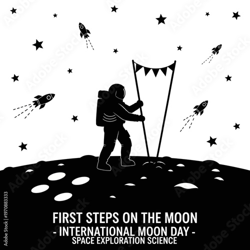 Astronaut planting flag on moon surface celebrating space exploration.