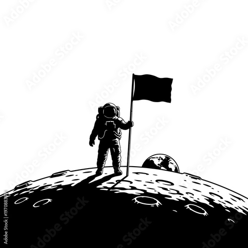 Astronaut planting flag on moon surface illustration.