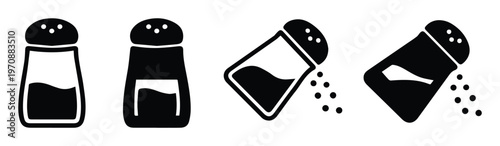 Salt and Pepper Shaker Icons, a set of four minimalist black and white vector illustrations, perfect for restaurant menus, food apps, and kitchen designs
