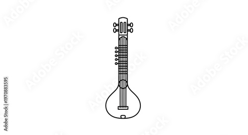 Indian Sitar String Instrument Icon, Traditional Music Tool Outline