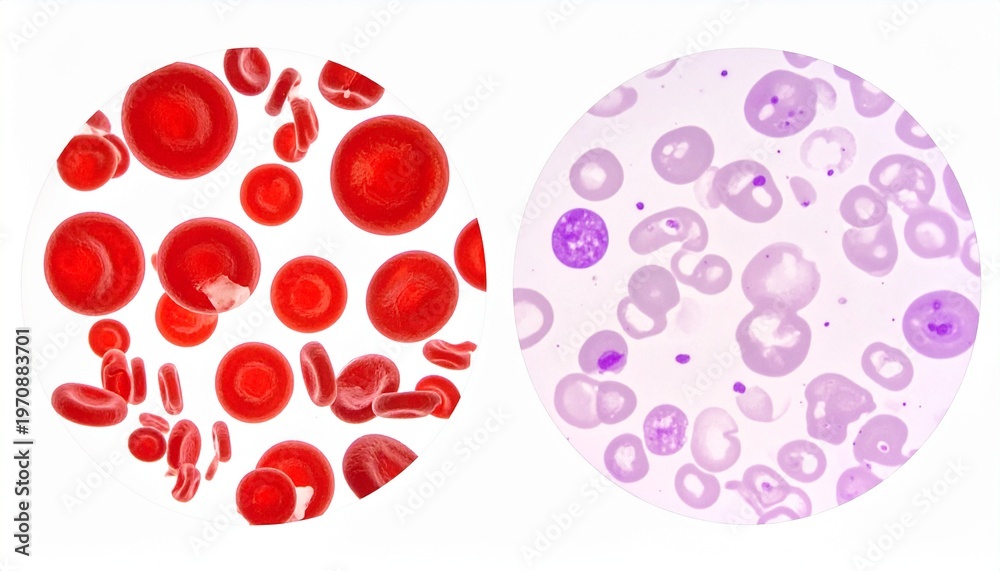 Fototapeta premium Microscopic comparison view of normal blood smear and iron deficiency anemia