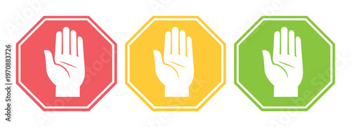 Stop hand gesture vector icons, red, yellow, and green warning signs. Prohibition, caution, and go symbols for user interfaces and web design.