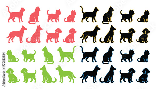 Cute pet animal silhouettes, a vibrant collection of dog and cat vector illustrations. Playful puppy and kitten graphics, perfect for pet store branding or veterinary clinic designs.
