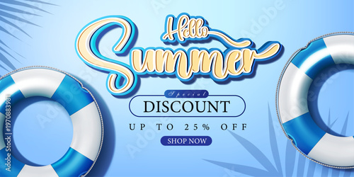 hello summer modern text word and swimming rings decorative summer business concept background. special discount,offer and bonus banner.up to 25% off super discount.vector illustration design element.
