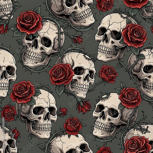 Skull and Rose Pattern, Gothic Floral Design, Dark Gray Background