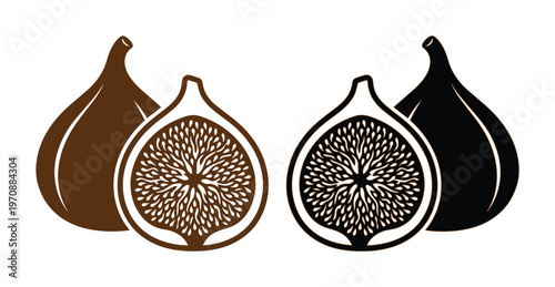 Stylized fig vector illustration set, whole and halved fig icons, dark brown and black fruit graphics, healthy food design elements, natural produce clip art for branding and packaging