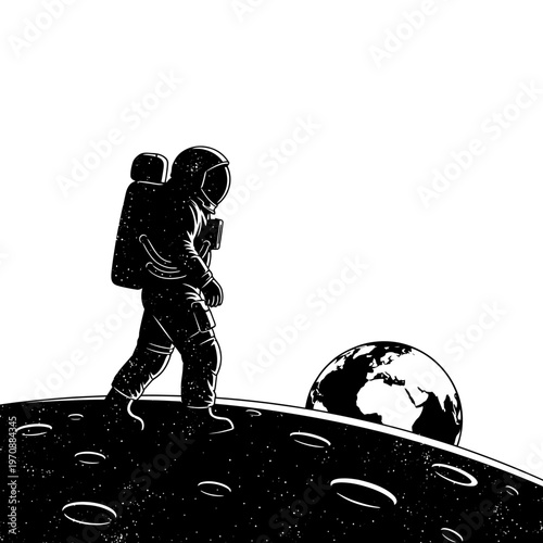 Astronaut walking on moon surface with earth in background.