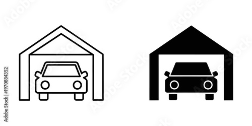 Minimalist vector illustration of a car parked inside a residential garage, ideal for home insurance, real estate, automotive, and household-themed marketing materials.