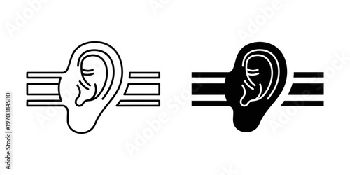 Minimalist vector icons depicting hearing loss and deafness with sound wave symbols, ideal for healthcare, accessibility, education, and awareness campaigns in print or digital media.