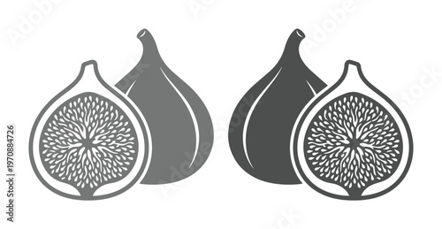 Monochromatic fig fruit vector icons, whole and sliced figs, healthy food ingredient graphic elements, natural produce illustrations for packaging and branding