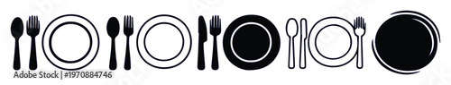Minimalist Dining Utensil and Plate Icons, a versatile vector set for restaurant menus and food service branding. Clean black and white cutlery and dishware symbols