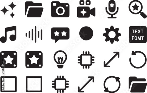 Assortment of twenty four black flat icons and symbols representing technology media social networking and user interface elements.