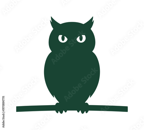 Dark green owl silhouette vector illustration, wise nocturnal bird graphic, minimalist wildlife animal design, elegant nature-inspired logo element for branding and educational materials