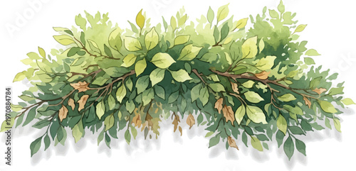 Watercolor green foliage border, lush garden leaves and branches vector illustration, botanical summer greenery header, organic forest plant decorative element for wedding isolated PNG with