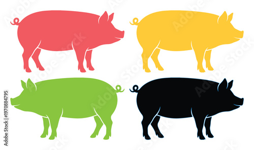 Colorful pig silhouettes, a vibrant collection of four swine illustrations. Stylized farm animal vector graphics, perfect for agriculture, food, or children's design projects.