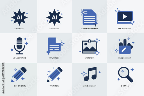 Quadro em tela Set of blue ai generate and magic icons including stars document image video voice pencil music and search on light background