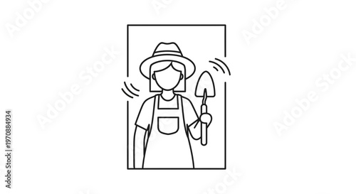 Gardener Woman with Hat and Shovel, Line Art Illustration