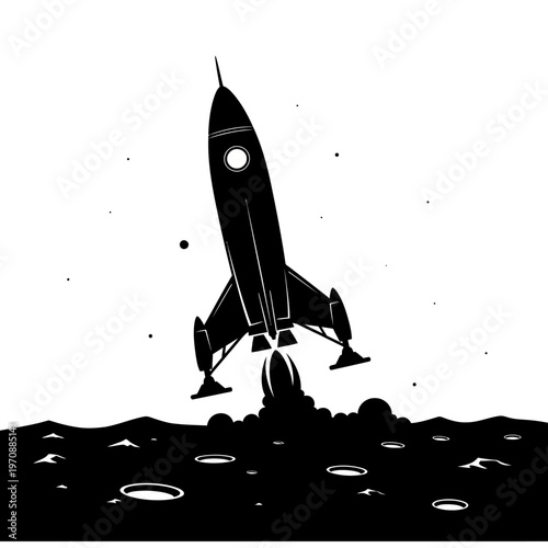 Black and white rocket ship blasting.