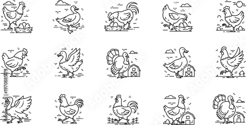 Comprehensive poultry farm icon set featuring chickens ducks turkeys and roosters in modern monoline line art style for organic agriculture branding and local food packaging vector.
