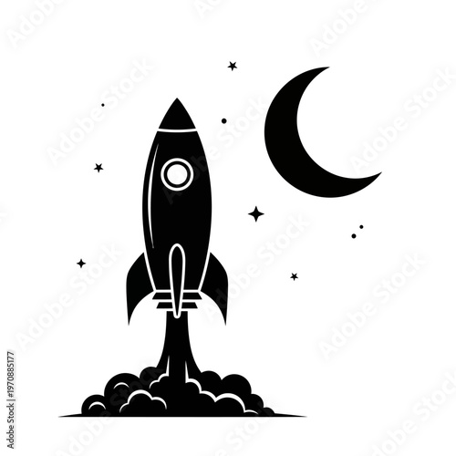 Black and white rocket ship launch.