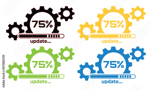 Software update progress bar vector icon set, 75% complete system upgrade, colorful loading indicator for digital processes, web development, and application status.