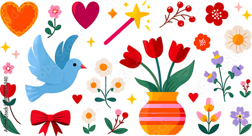 a colorful collection of spring icons including flowers, heart, bird and magic wand, perfect for valentine's day, easter or mother's day marketing and advertising materials