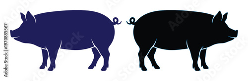 Stylized pig vector illustration, two farm animal silhouettes, black and dark blue swine icons, agriculture and livestock graphic resources for branding and design projects