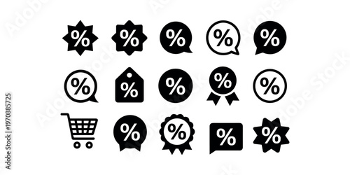 Discount Percent Icon Set Black Sale Badge Collection Shopping Offer Symbol Vector Pack