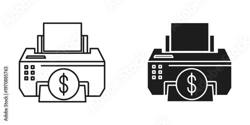 Minimalist vector illustration of a sleek cash register featuring a dollar sign, ideal for business, finance, retail, and commerce-themed marketing materials and educational content.