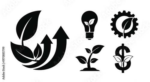 Icons representing growth sustainability innovation and financial benefits from green initiatives