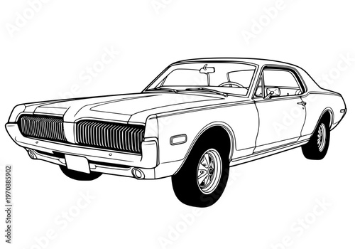 Classic 1960s American Muscle Car Vector Illustration, Vintage Two-Door Hardtop Coupe Line Art