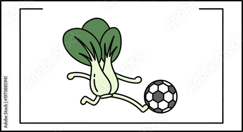 Funny Bok Choy Character Playing Soccer, Healthy Food Concept
