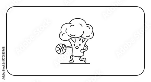 Funny Broccoli Character Playing Basketball, Healthy Food Cartoon