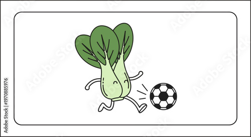 Funny Bok Choy Character Playing Soccer, Healthy Food Concept