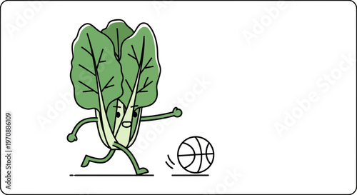 Funny cartoon spinach character playing basketball, healthy lifestyle and sports concept