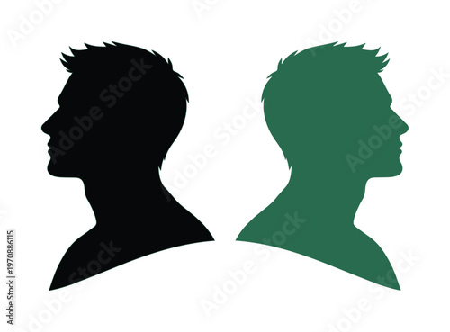 Male silhouette profile, two contrasting headshots, black and green man's face, identity and duality concept vector